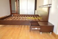 Кровать из натурального дерева сосна. размеры 2100*1660. покраска Орех темный, изголовье из дерева и вставка кож. зам.