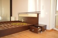 Кровать из натурального дерева сосна. размеры 2100*1660. покраска Орех темный, изголовье из дерева и вставка кож. зам.