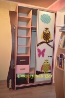 Шкаф-купе 2340*1400*600. ЛДСП ЭГГЕР цвет Баклажан и Дуб кремона. фасады фотопечать на стекле и рисунок на зеркале.